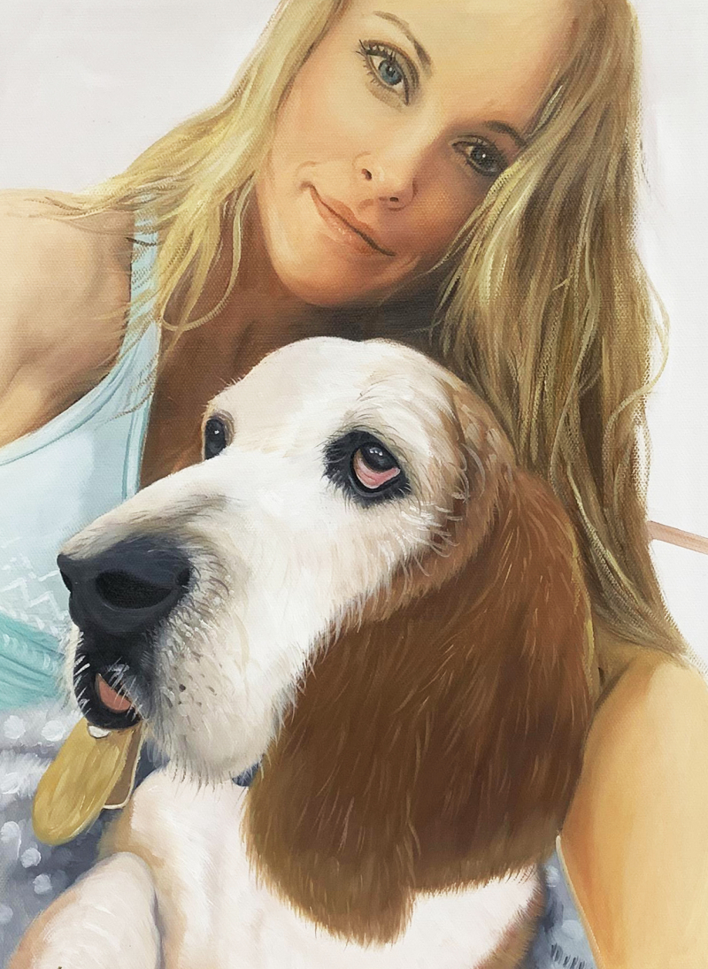 Painting of a blonde woman and her basset hound.
