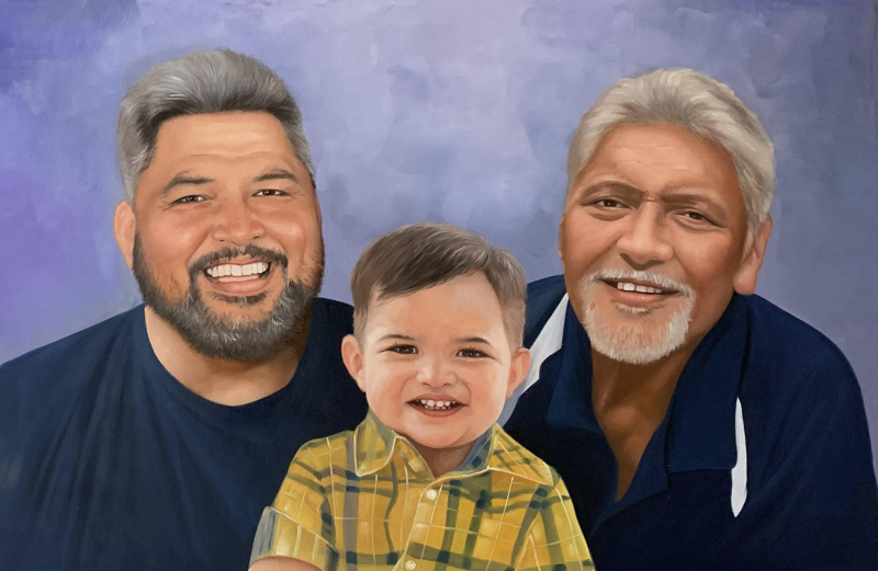 Painted portrait of three generations of a family: two men and a toddler.