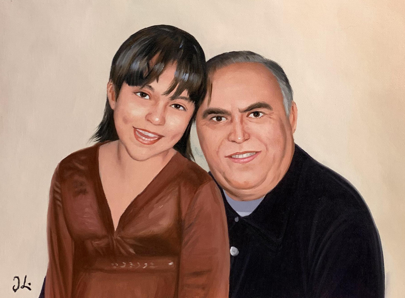 Gorgeous oil painting of a grandfather and a granddaughter