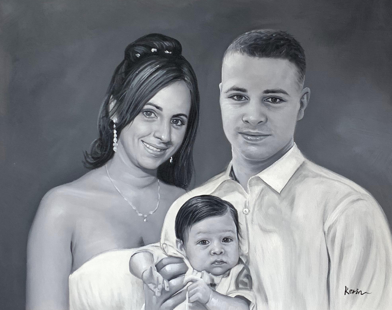 Black and white painted portrait of a family: a woman, man, and baby.