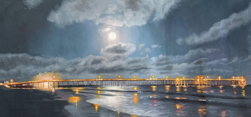 Nighttime painting of a lit pier extending over calm water under a full moon and cloudy sky.