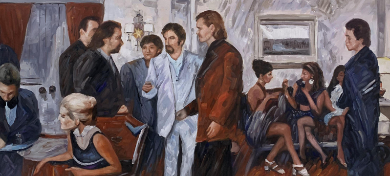 Painting of a group of men and women in a room, some seated, some standing and talking.
