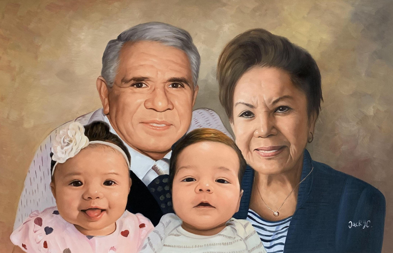 Painted portrait of grandparents with two babies.