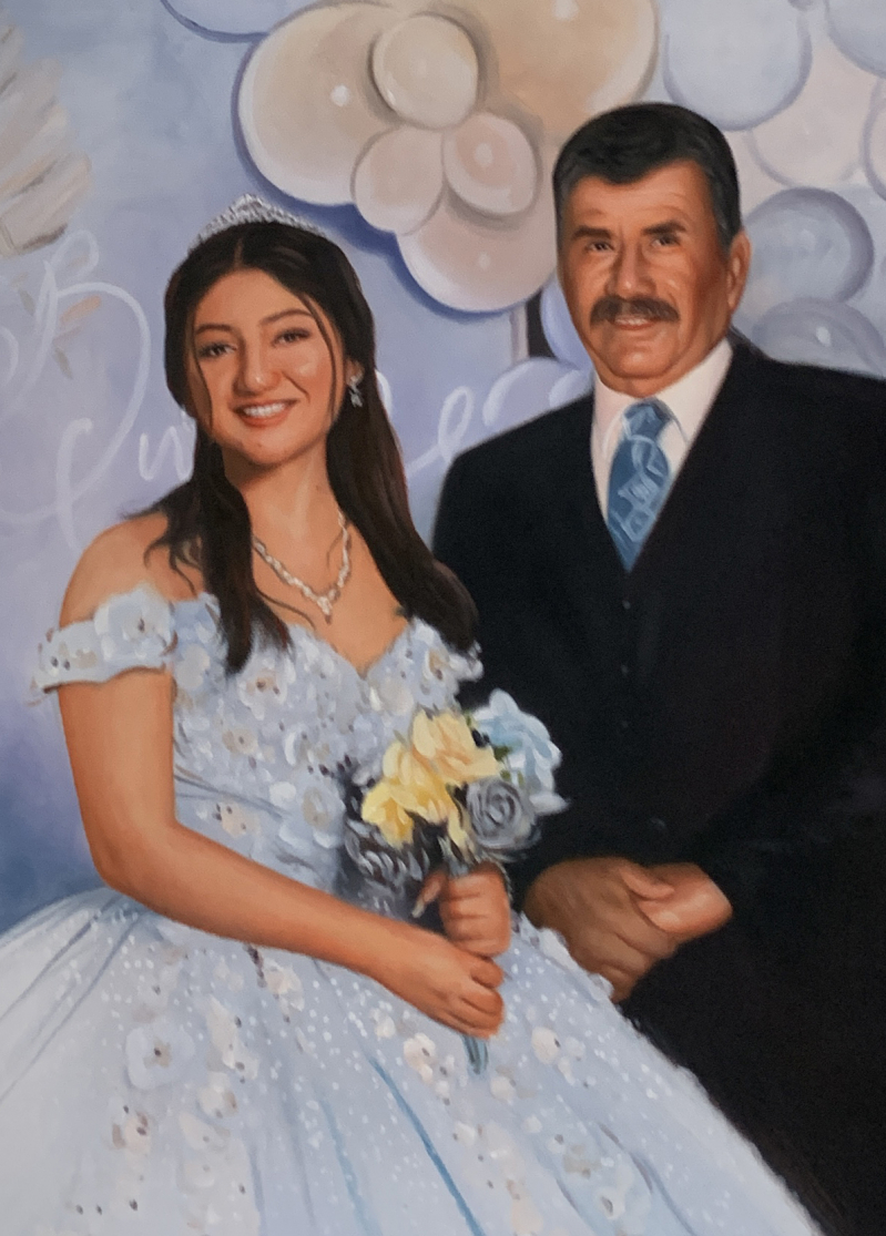 Painting of a young woman in a light blue dress and a man in a suit.