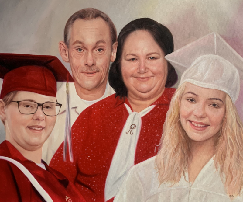 Family portrait painting, two women and two men, one woman in a graduation cap and gown, another in a red graduation gown.