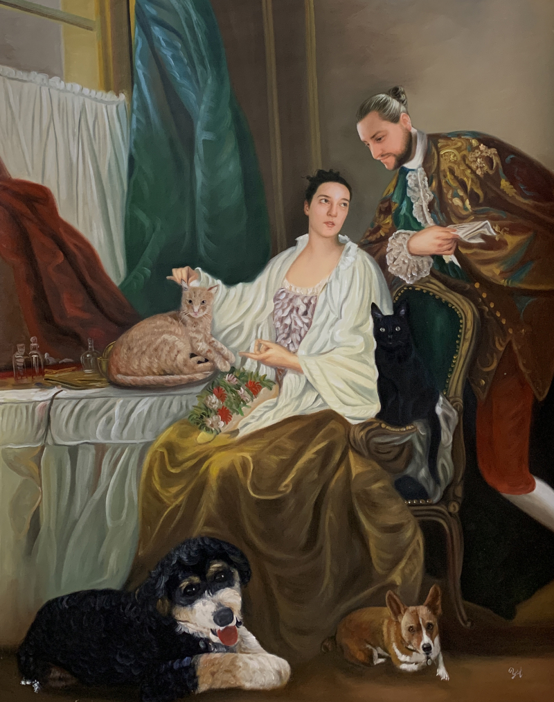 Painting of a couple in 18th-century attire with three pets: a ginger cat, a black cat, and two dogs.