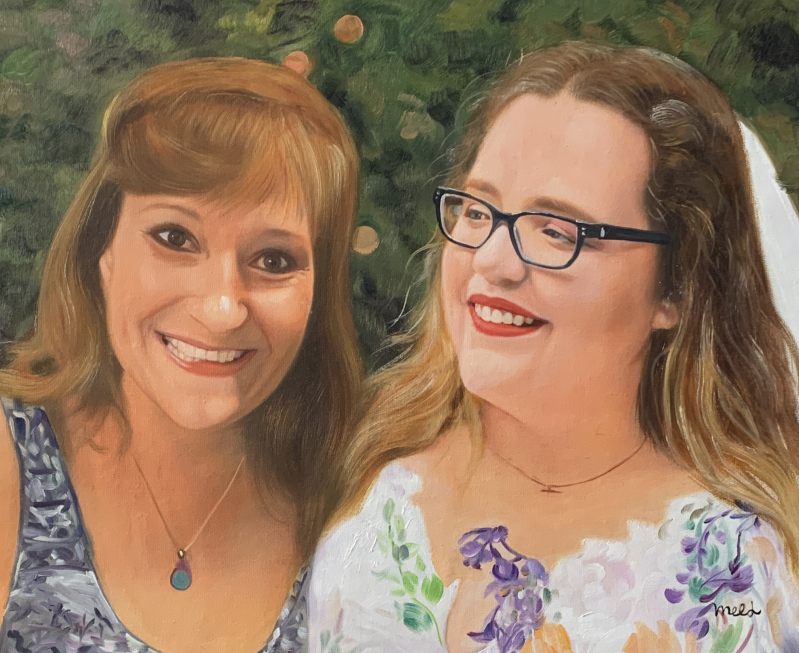 Oil painting of a mother and daughter portrait.