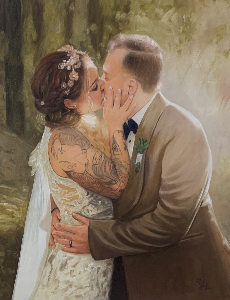 Painting of a bride and groom kissing.