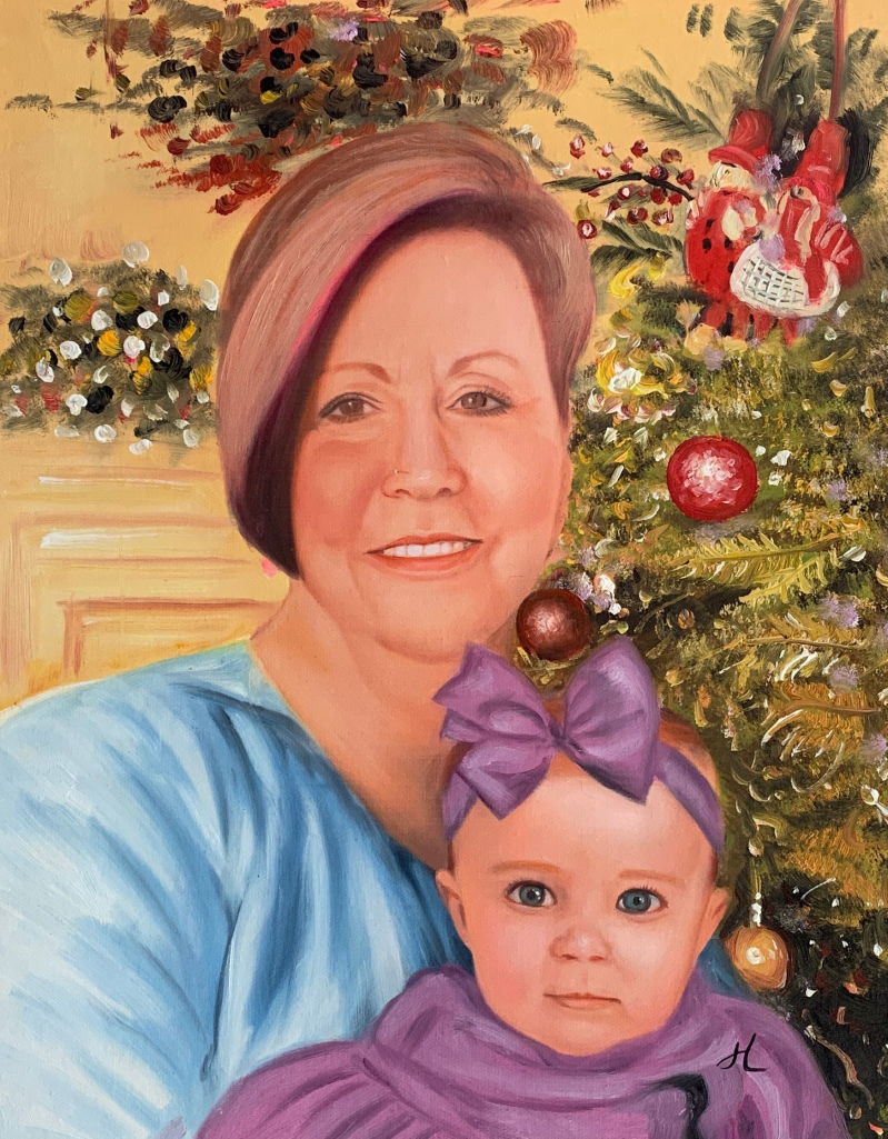Oil painting of a woman and baby girl by a Christmas tree.