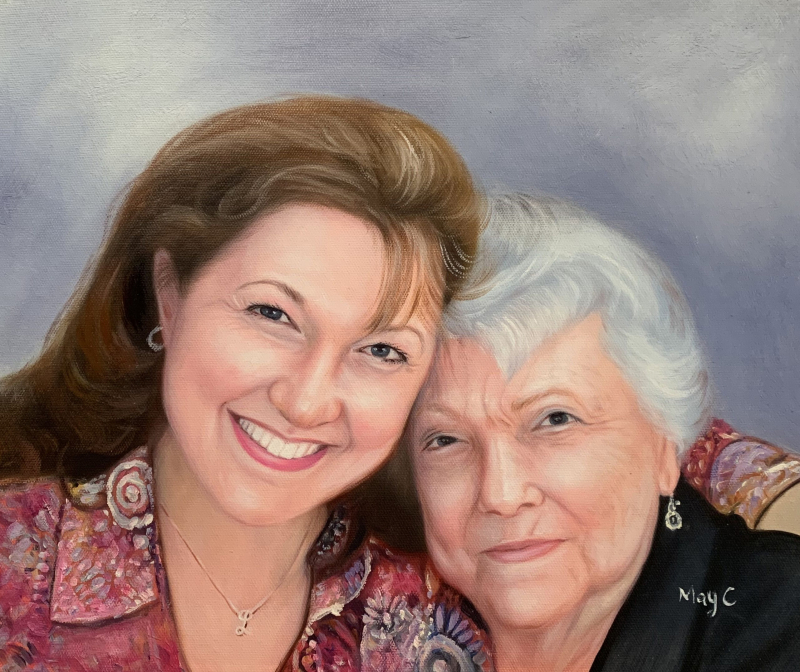 Oil painting of a younger woman and an older woman embracing.