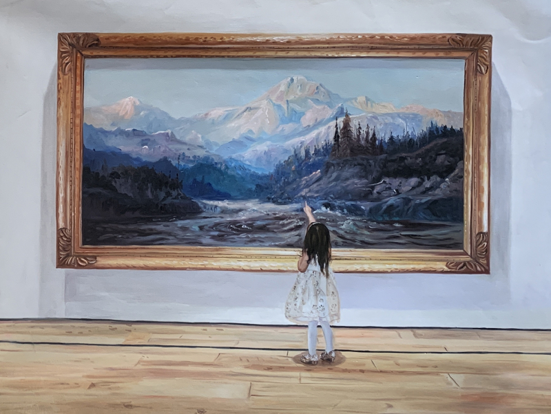 Little girl pointing at a landscape painting of mountains and a river.