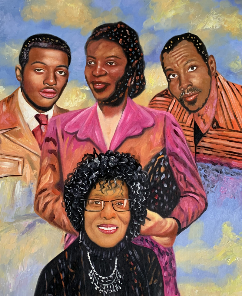 Painting of a family portrait: three adults and one older woman.