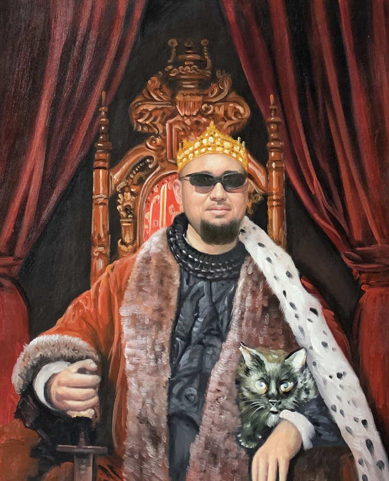 Painting of a man in a crown and kingly robes, holding a cat.