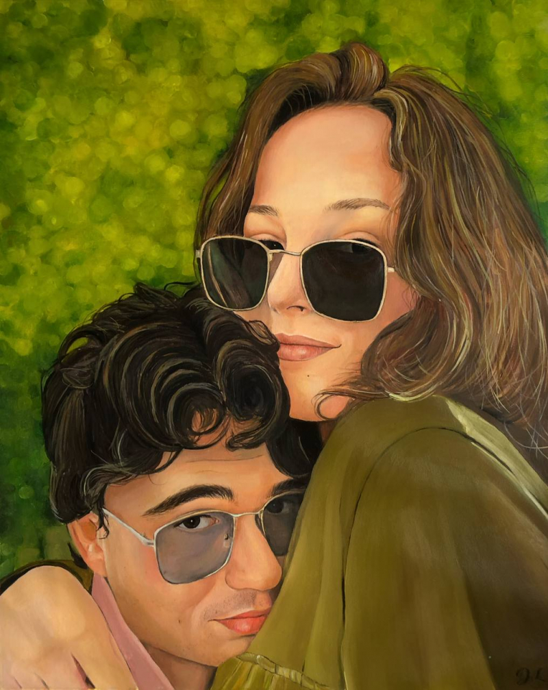 Painting of a young couple embracing, wearing sunglasses.