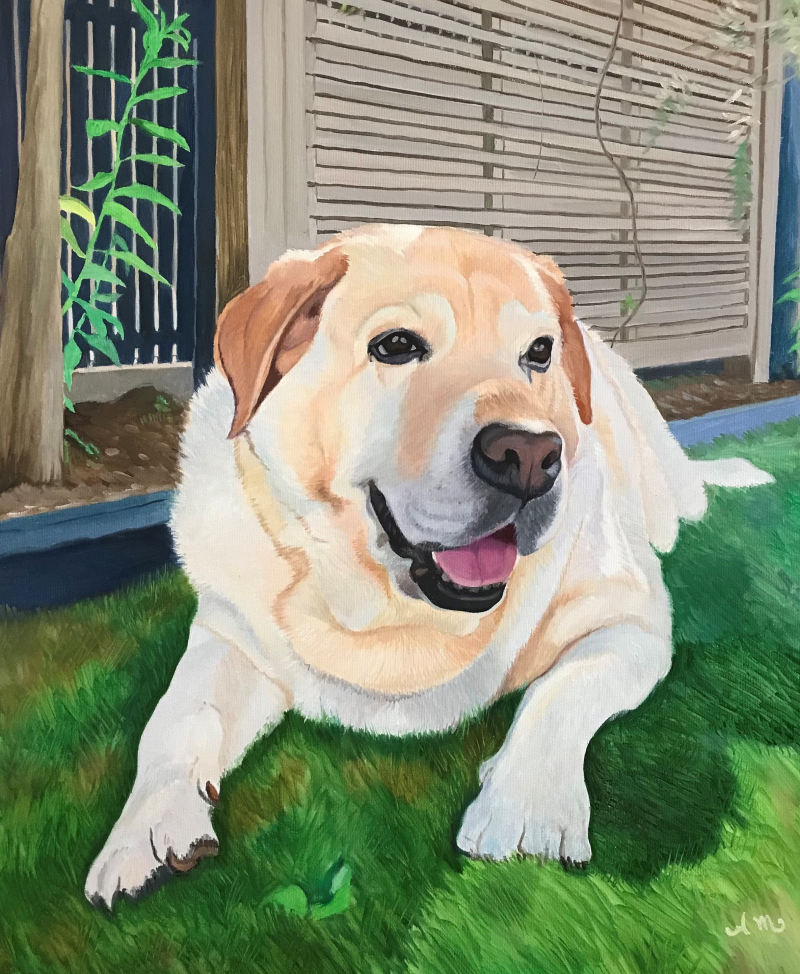 Painting of a yellow Labrador Retriever lying on the grass