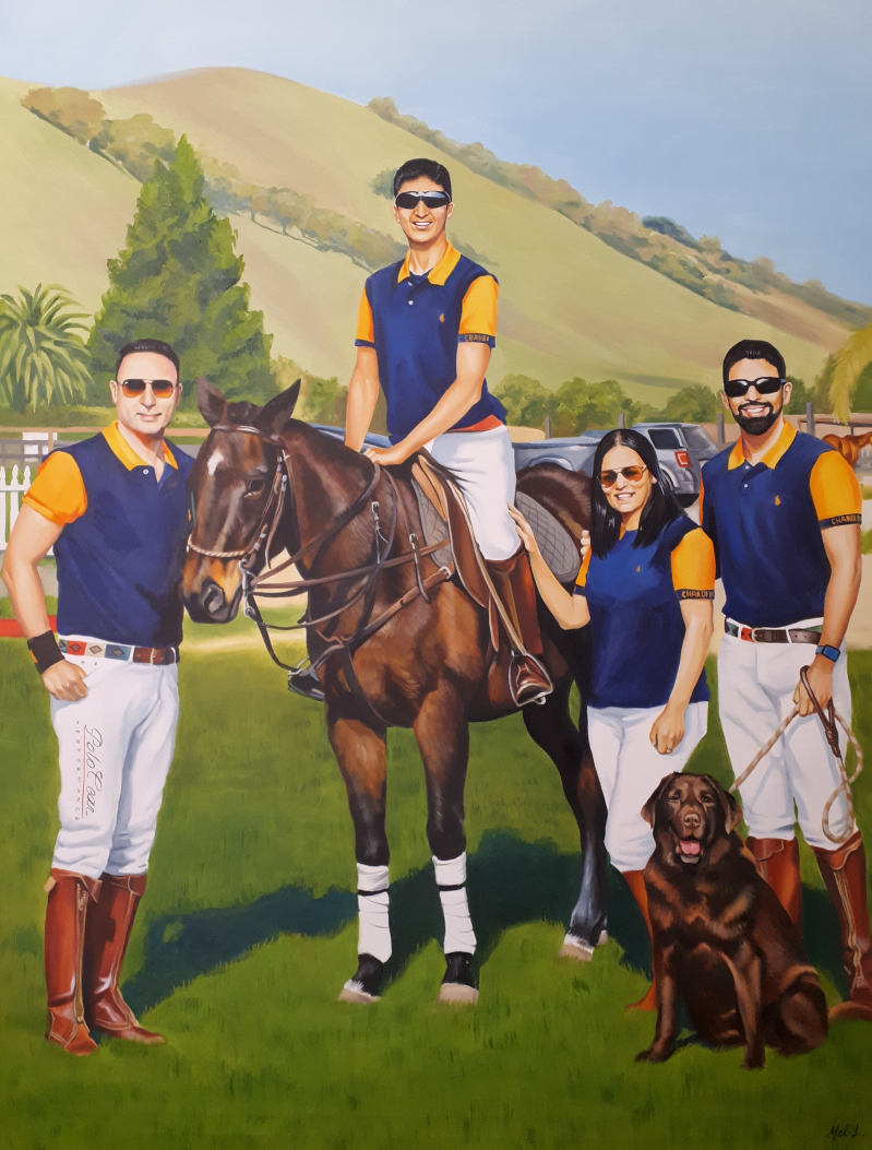 Painting of a family with a horse and dog in polo attire.