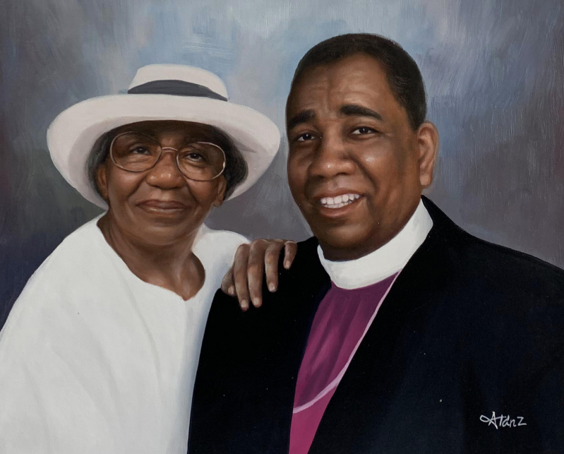 Painted portrait of an elderly woman in a white hat and dress and an older man in a dark suit and clerical collar.