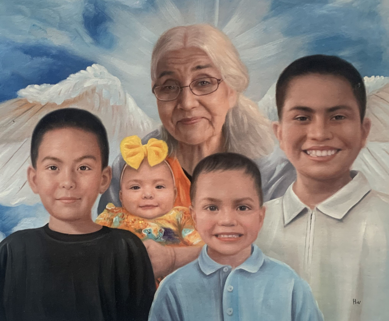 Painting of a grandmother with her four grandchildren, angelic wings behind the grandmother.