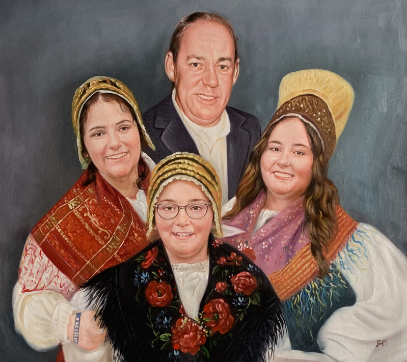 Oil painting portrait of a family: a father and three daughters in traditional clothing.