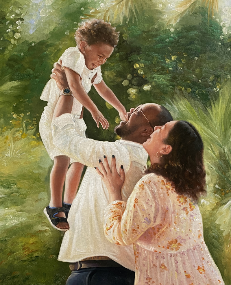 Painting of a family: a father lifts their toddler son while the mother embraces them.