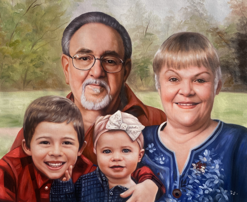 Oil painting portrait of grandparents with two grandchildren.