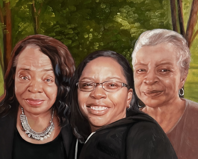 Painted portrait of three Black women, two older and one younger, smiling, set against a blurry green background.
