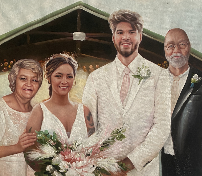 Painted portrait of a bride, groom, and their parents.
