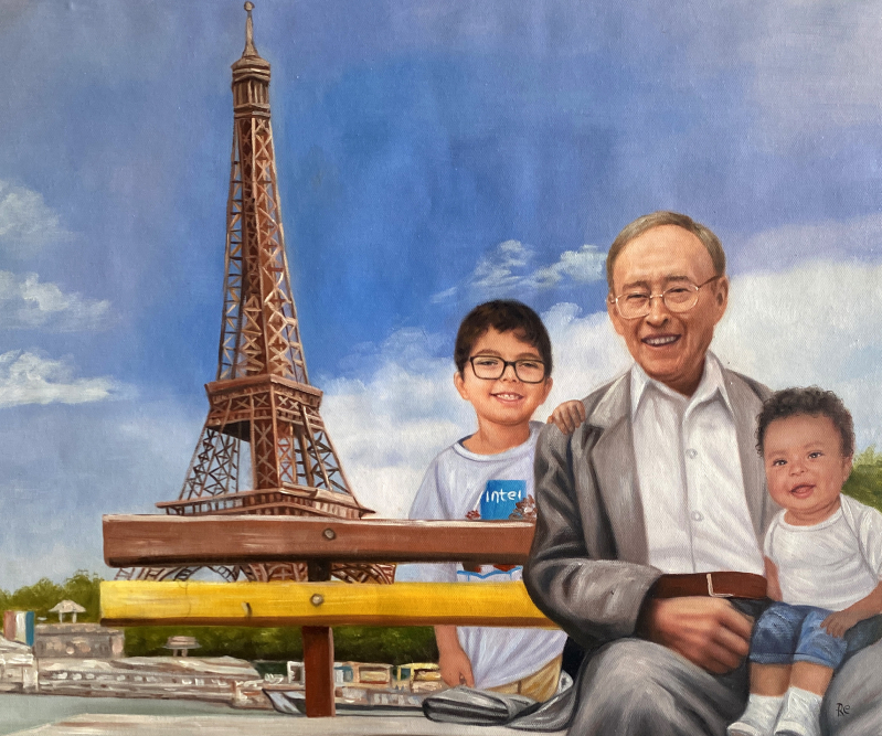 Painting of a grandfather with two grandsons in front of the Eiffel Tower.