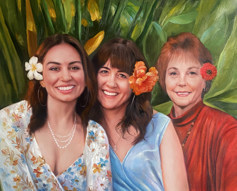 Painted portrait of three women, two younger and one older, wearing flowers in their hair, against a background of lush green foliage.