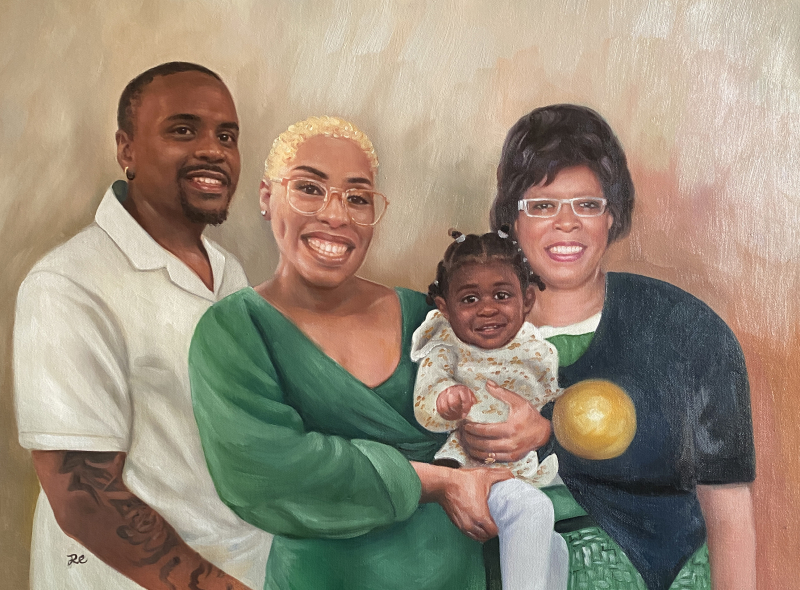 Painted portrait of a family: two adults, a baby, and an older woman.