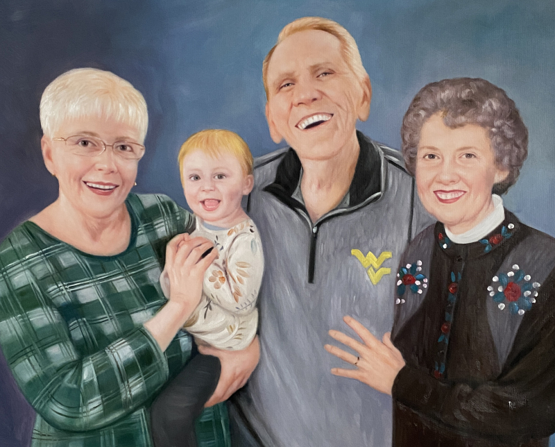 Oil painting portrait of two older adults and a toddler, one adult wearing a grey sweatshirt with a yellow logo.