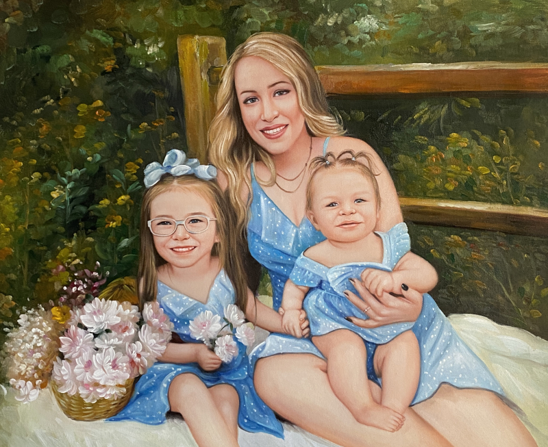Oil painting of a mother and her two young daughters in blue dresses, sitting outdoors.