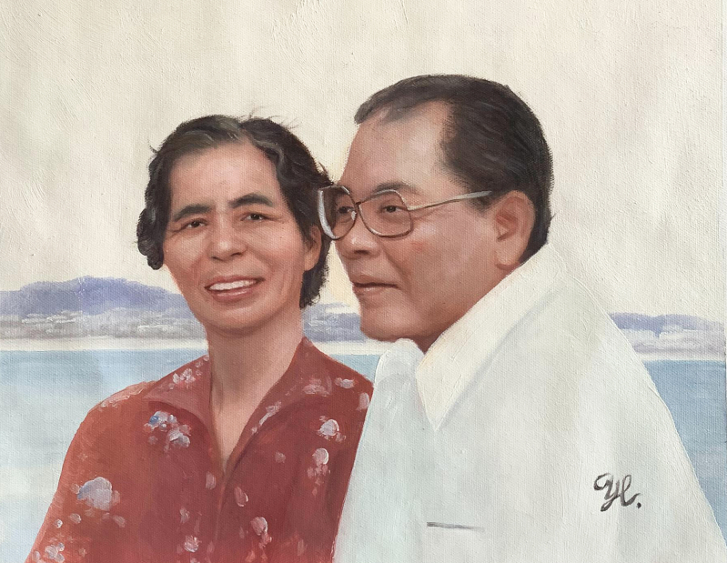 Portrait of an elderly couple, the woman in a red floral dress, the man in a white shirt, before a seascape.