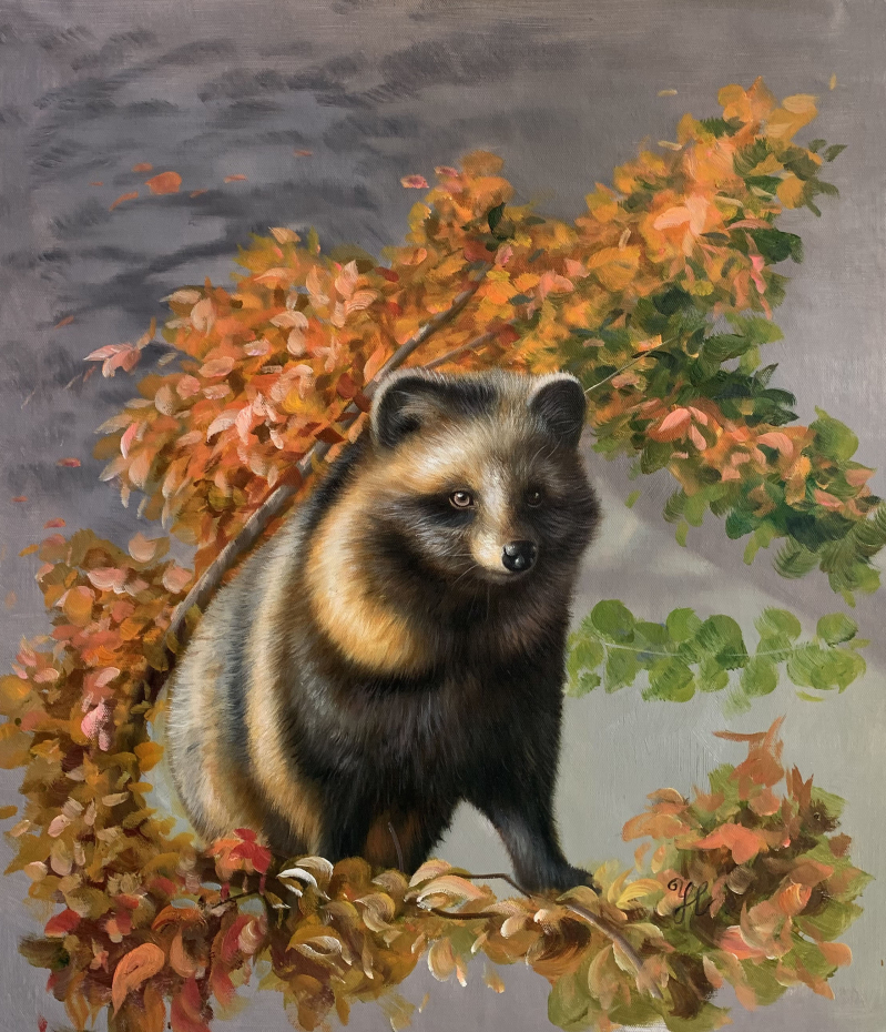 Painting of a raccoon dog among autumn leaves.