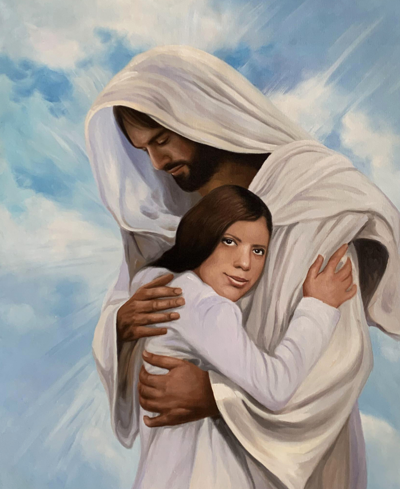 Jesus embracing a woman against a cloudy sky