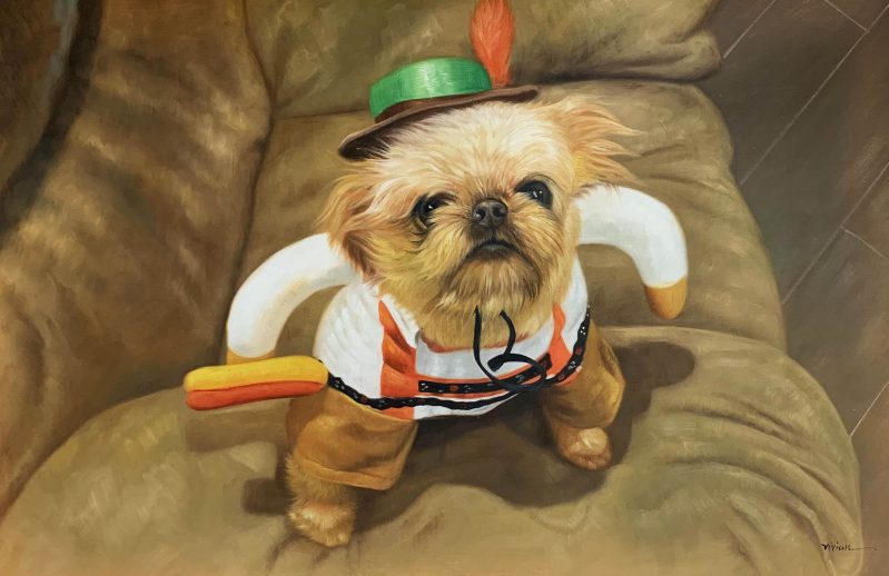 Painting of a Brussels Griffon dog wearing a Bavarian costume.