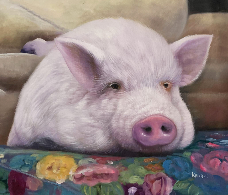 Painting of a white pig resting on a floral cushion