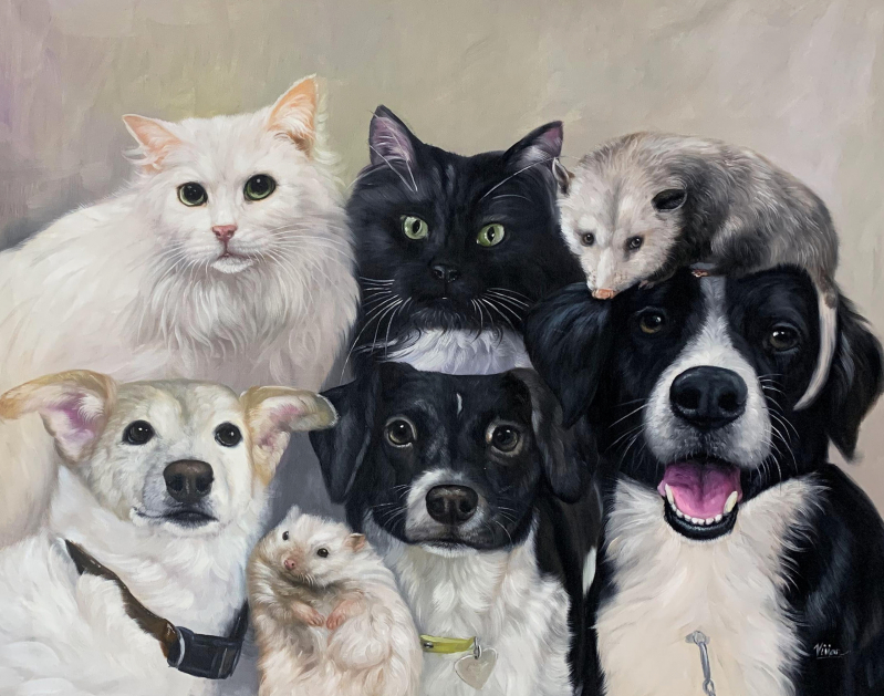 Painting of a white cat, black cat, opossum, three dogs, and a hamster.