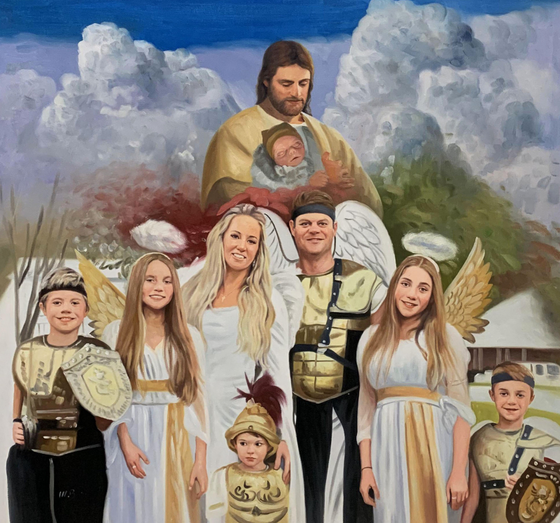 Painting of a family dressed in religious costumes with Jesus and baby in the background.