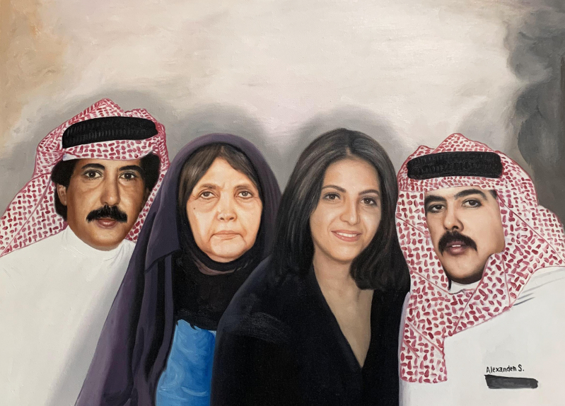 Oil painting portrait of a Middle Eastern family: father, mother, daughter, and son.