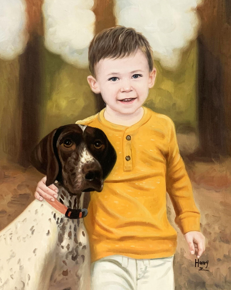 Painting of a young boy in a yellow shirt with his German Shorthaired Pointer.