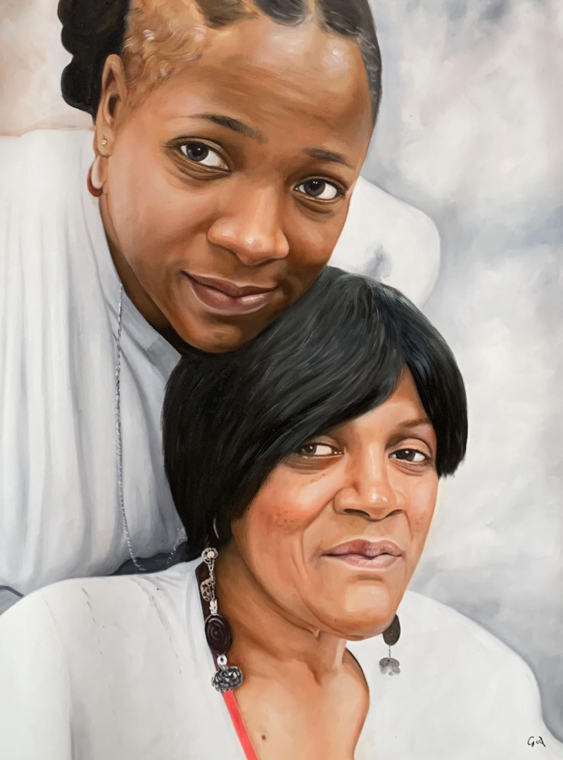 Painting of two Black women, one leaning on the other`s shoulder.