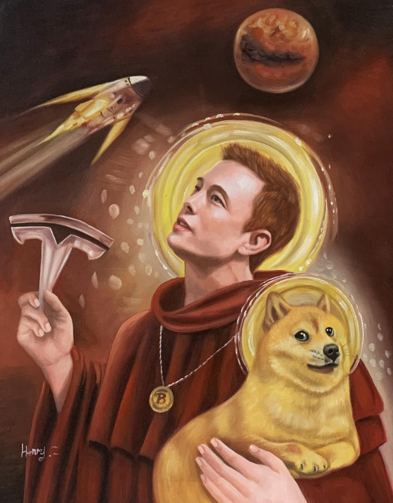 Painting of Elon Musk as a saint, holding a Tesla logo and a dogecoin, with a rocket and Mars in the background.
