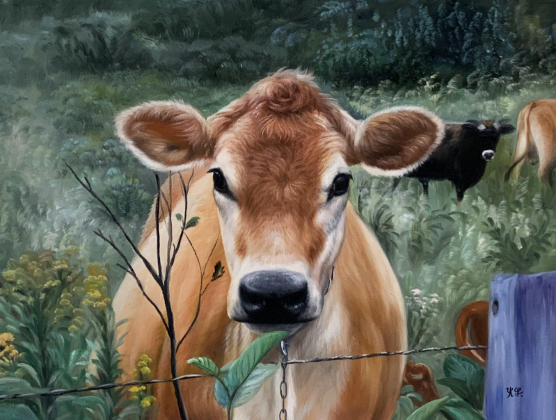 Painting of a Guernsey cow looking at the viewer, other cows in the background