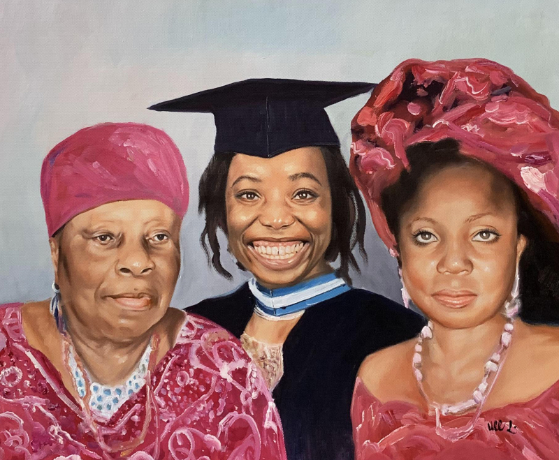 Painting of three generations of Black women: an elderly woman, a graduate, and a younger woman.