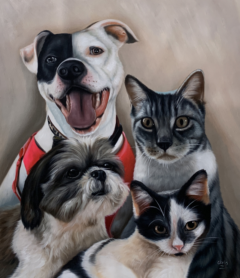 Painted portrait of a pit bull, Shih Tzu, and two cats.