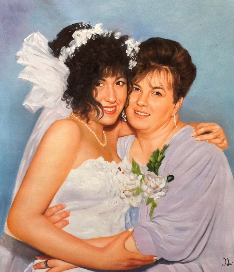 Painting of a bride and her mother embracing.