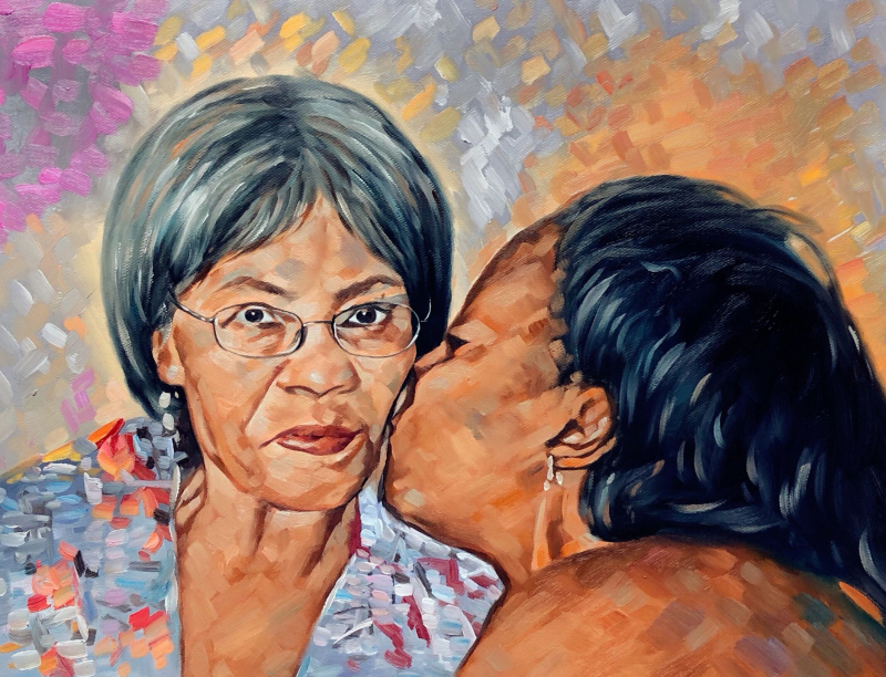 Painting of a woman kissing an older woman on the cheek