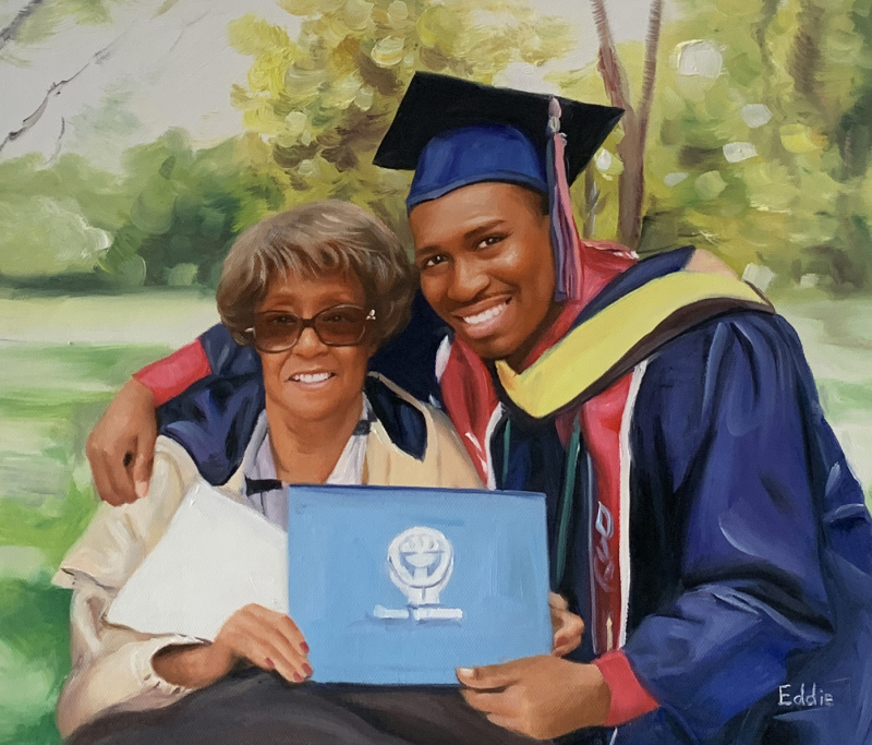 Painting of a graduate in cap and gown with his grandmother, holding a diploma.