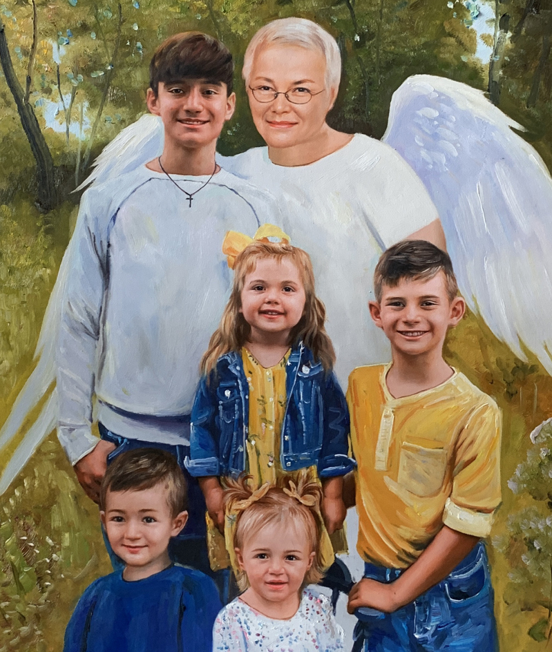 Painting of a woman with angel wings and five children.